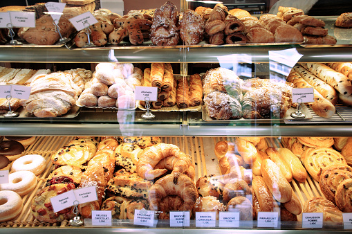 Selection of french pastries inside Paris boulangery