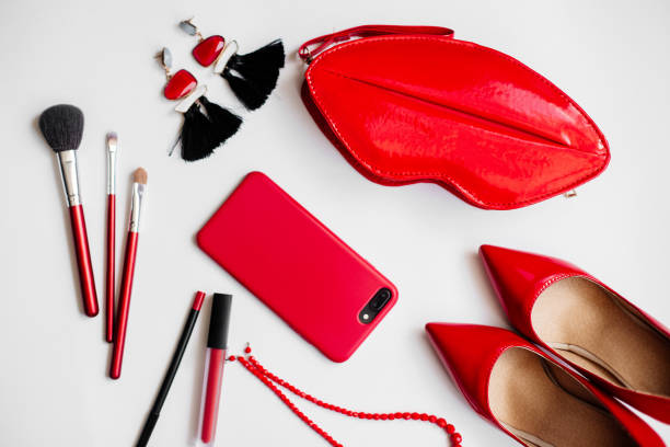 Red shoes, cosmetics and accessories.