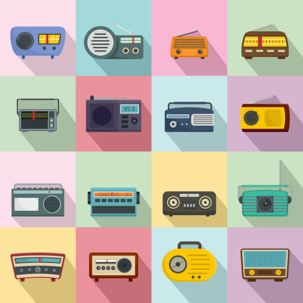 illustrazioni stock, clip art, cartoni animati e icone di tendenza di musica radio vecchio set di icone del dispositivo, stile piatto - radio