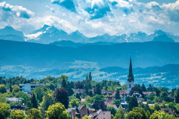 Distant view of the city of Zollikon from the wine terraces of Weinegg district of the city of Zurich, Switzerland