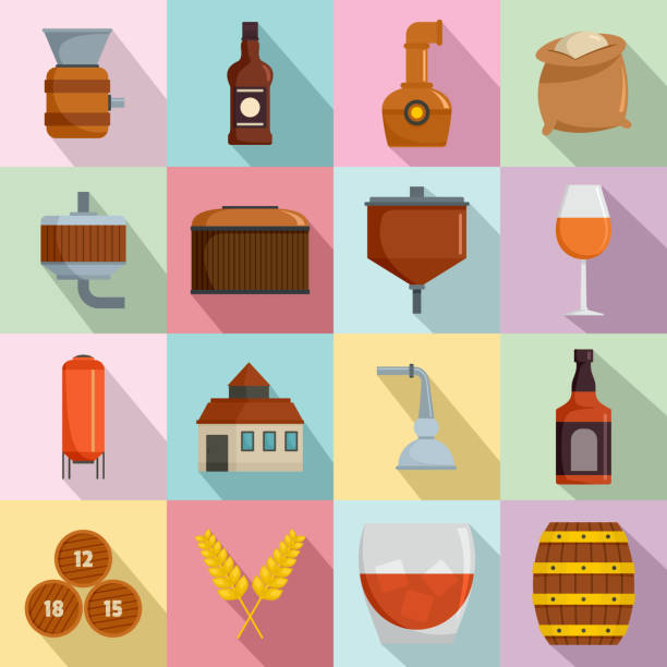 Whisky bottle glass icons set, flat style Whisky bottle glass icons set. Flat illustration of 16 whisky bottle glass vector icons for web bourbon barrel stock illustrations