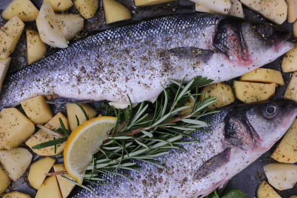 sea bass with potatoes - sea bass prepared fish food grilled imagens e fotografias de stock