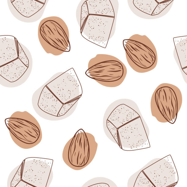 hand zeichnen vektor nahtlose muster mit marzipan und mandeln - peeled almond backgrounds dried food stock-grafiken, -clipart, -cartoons und -symbole