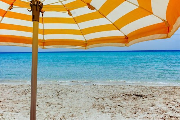 istock Beach equipment, sun umbrella on white sandy beach with light bl 1010250196
