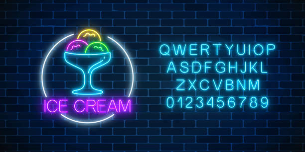 Neon glowing sign of icecream in circle frame and alphabet. Gelato balls in bowl. Fastfood light billboard symbol. Neon glowing sign of icecream in circle frame and alphabet on a dark brick wall background. Gelato balls in bowl. Fastfood light billboard symbol. Cafe menu item. Vector illustration. neon sign ice cream stock illustrations