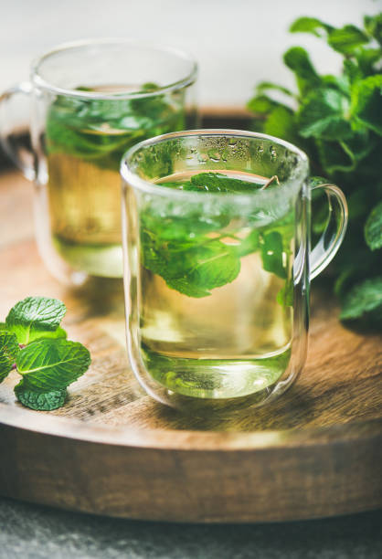 beber chá de menta quente de ervas em canecas de vidro - glass tea herbal tea cup - fotografias e filmes do acervo