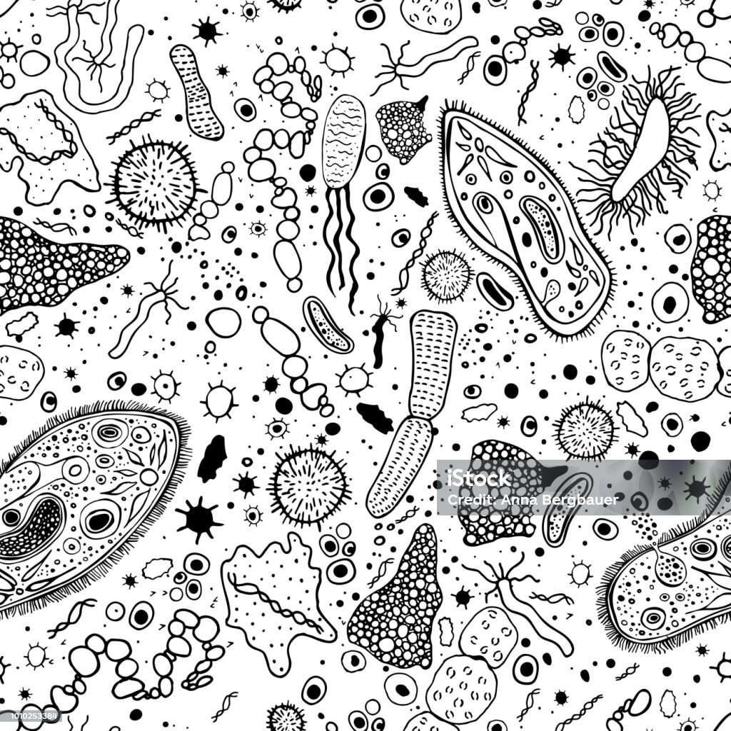 Bacteria Seamless Pattern Seamless one color pattern with bacterias and infusorias. Editable vector illustration in unique hand-drawn style. Biological creative background. Biological Cell stock vector