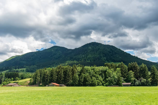 istock Idyllic landscape in the Alps with green meadows and clouds 1010269592