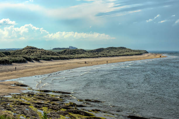 North Sunderland Beach North Sunderland Beach just north of Seahouses harbor, the embarkation point for Farne Islands cruises in Northumberland. Bamburgh castle is just visible in the background. farne islands stock pictures, royalty-free photos & images