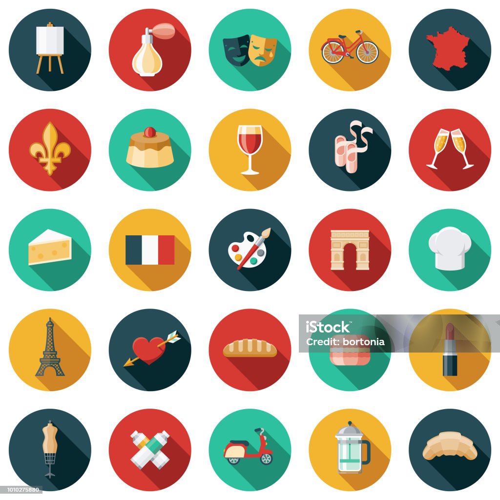 France Flat Design Icon Set A set of flat design styled France icons with a long side shadow. Color swatches are global so it’s easy to edit and change the colors. File is built in the CMYK color space for optimal printing. Icon Symbol stock vector