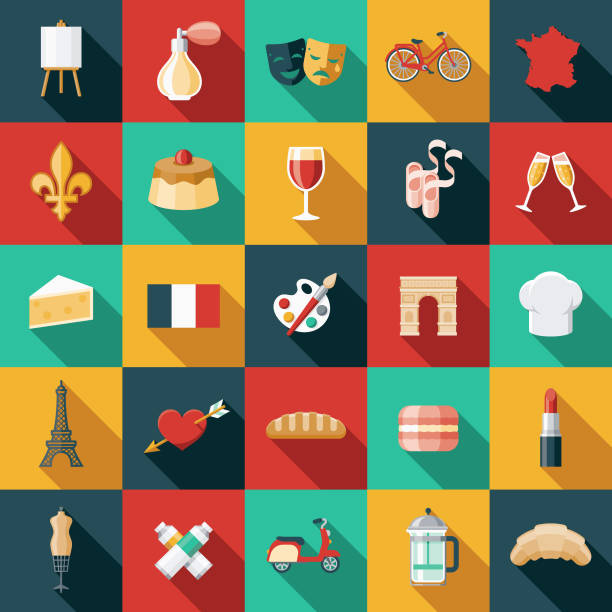 ilustrações, clipart, desenhos animados e ícones de conjunto de ícones de design plano de frança - macaroon french culture dessert food