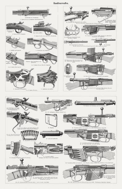 1897 年に拳銃、木材彫刻の歴史的な点火システム公開 - news magazine点のイラスト素材／クリップアート素材／マンガ素材／アイコン素材