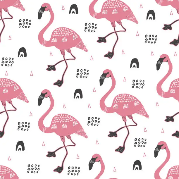 Vector illustration of Pink flamingo pattern. Exotic bird in safari. Abstract illustration in scandinavian style. Design for textile, wrapping, fabric.