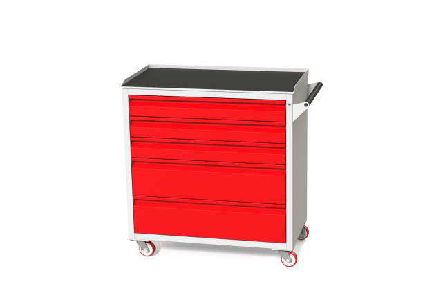 istock Metal tool cabinet-table on wheels with drawers. A convenient place for storing tools and spare parts. Service Garage Tools Box. 3D-model rendering of the table for shooting from above. 1010281334
