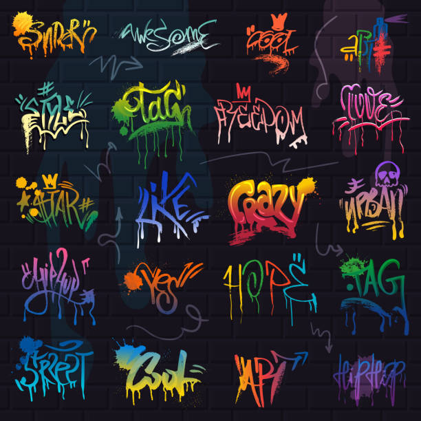 ilustrações de stock, clip art, desenhos animados e ícones de graffiti vector graffito of brushstroke lettering or graphic grunge typography illustration set of street text with love freedom isolated on brick wall background - paint stroke wall textured