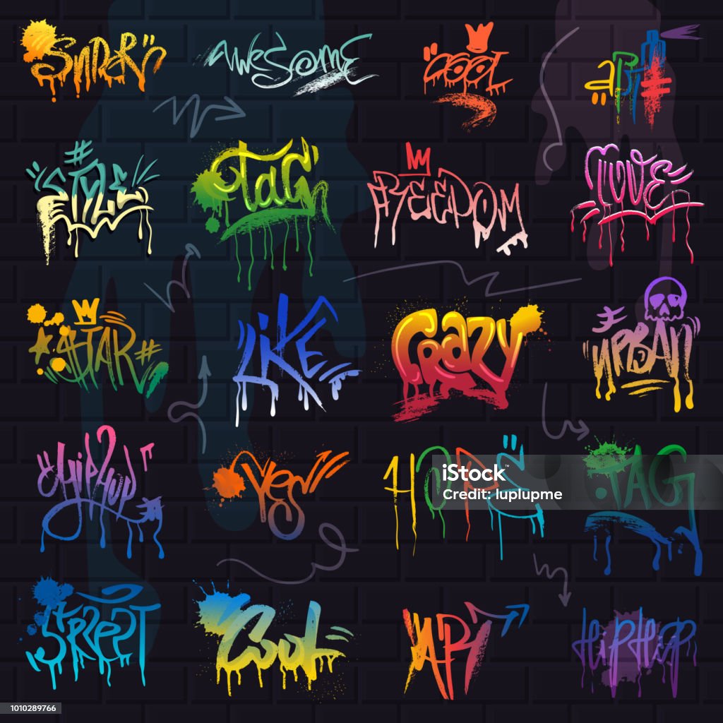 Graffiti vector graffito of brushstroke lettering or graphic grunge typography illustration set of street text with love freedom isolated on brick wall background Graffiti vector graffito of brushstroke lettering or graphic grunge typography illustration set of street text with love freedom isolated on brick wall background. Graffiti stock vector