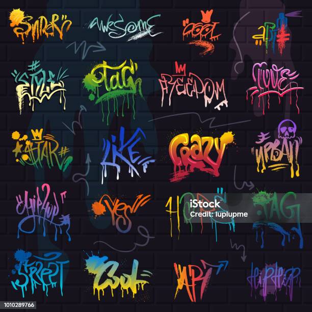 Graffiti Vector Graffito Of Brushstroke Lettering Or Graphic Grunge Typography Illustration Set Of Street Text With Love Freedom Isolated On Brick Wall Background Stock Illustration - Download Image Now