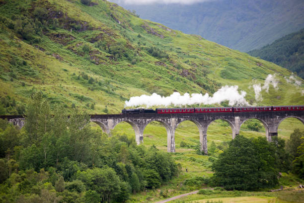 Steam train on Glenfinnan viaduct. Scotland.