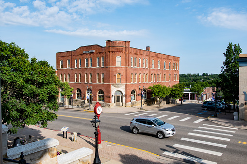 St. Clairsville, Ohio/USA-June 7, 2018: A view of Main Street and the historical Clarendon Building built in 1880 as seen from the steps of the Belmont County Courthouse.