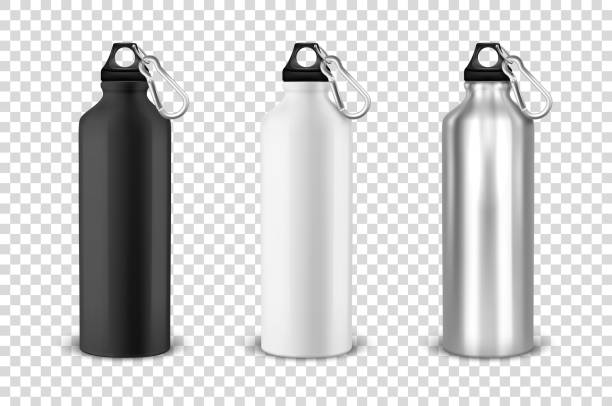 istock Vector realistic 3d black, white and silver empty glossy metal water bottle with black bung icon set closeup on transparency grid background. Design template of packaging mockup for graphics. Front view 1010311436