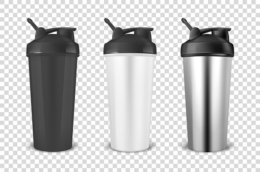 Vector realistic 3d black, white and silver empty glossy metal shaker for sports nutrition icon set closeup on transparency grid background. Design template of packaging mockup for graphics. Front view.