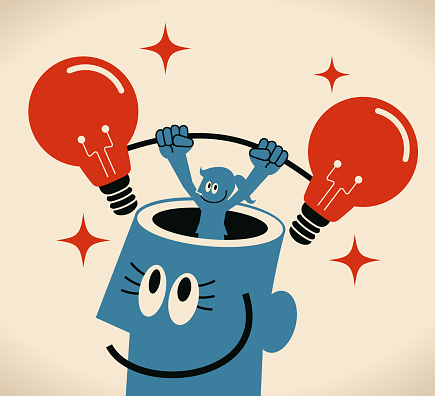 Blue Little Guy Characters Full Length Vector art illustration.Copy Space.
Businesswoman from giant woman's opened head lifting up two idea light bulb.