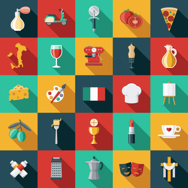ilustraciones, imágenes clip art, dibujos animados e iconos de stock de conjunto de iconos de diseño plano de italia - italian cuisine wine food pasta