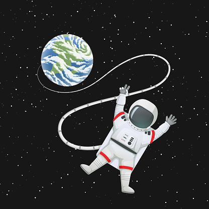 Vector illustration. Astronaut in space with limbs akimbo, making peace or v sign connected to the Earth. Dark space with stars on a background.