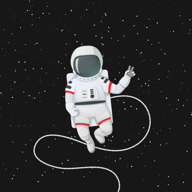 istock Astronaut in space with tether making peace or v sign. Dark space with stars on the background. 1010326882