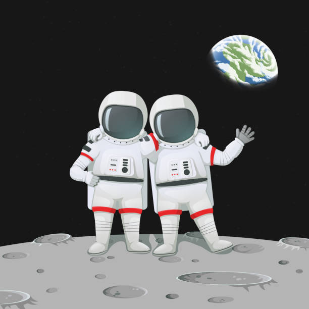 istock Two astronauts with hands on shoulders standing on the moon surface. The Earthrise on the background. 1010327288