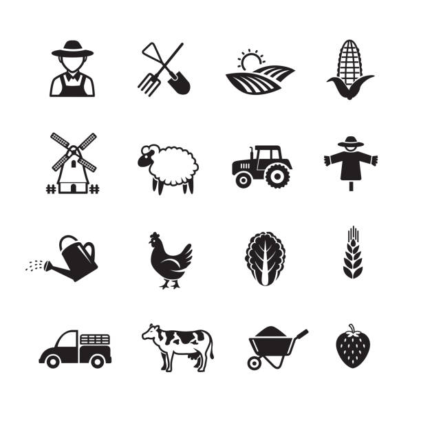 ilustraciones, imágenes clip art, dibujos animados e iconos de stock de agricultura y cría los iconos - tractor green farm corn