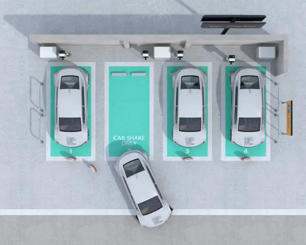Top view of car sharing parking lot equipped with charging station and batteries. 3D rendering image.