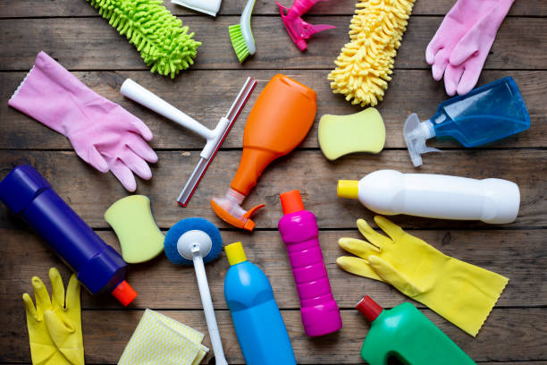 istock House cleaning product on wood table 1010386234