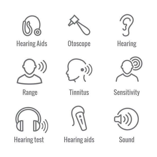 ilustraciones, imágenes clip art, dibujos animados e iconos de stock de prótesis de oído o pérdida de imagen de onda de sonido - escuchar