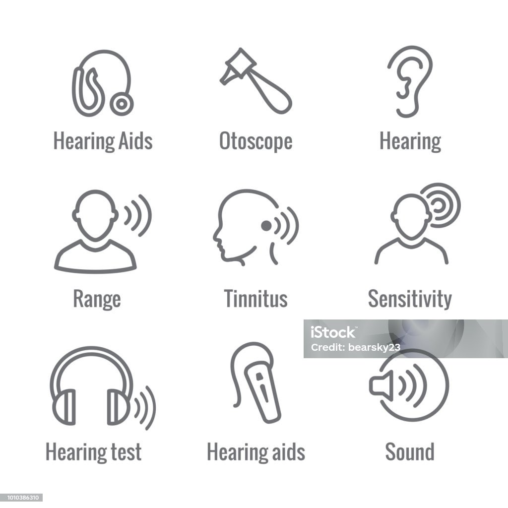 Hearing Aid or loss with Sound Wave Image Hearing Aid or loss w Sound Wave Image Icon Set Icon Symbol stock vector