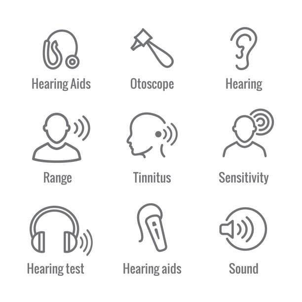 Hearing Aid or loss with Sound Wave Image Hearing Aid or loss w Sound Wave Image Icon Set hearing test stock illustrations