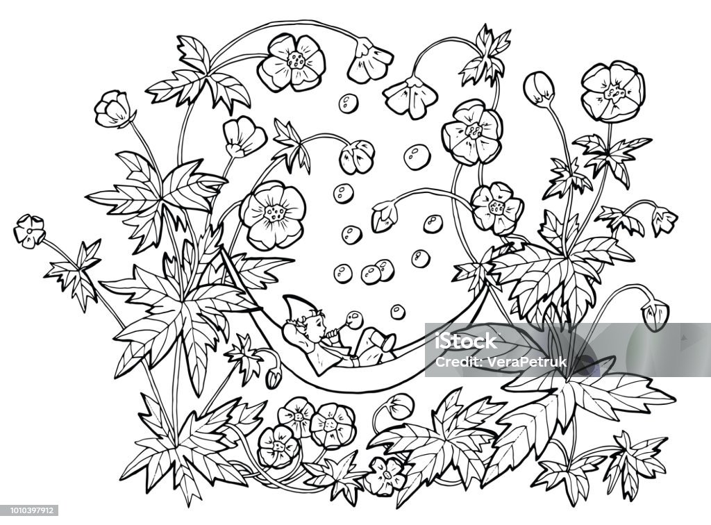 Vector drawing of funny gnome in hammock blowing bubbles in anemone flowers Cartoon clip art illustration, doodle hand drawn graphic isolated on white Black And White stock vector