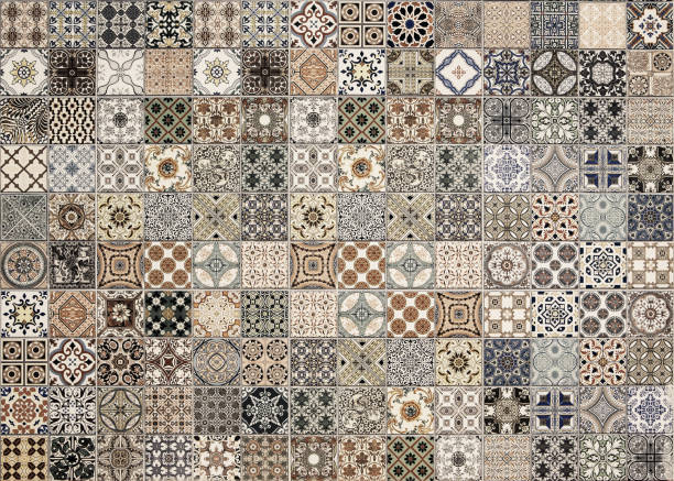 Old wall ceramic tiles patterns handcraft from thailand parks public stock photo
