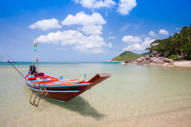 istock Long boat and white beach with mountain background under clear sky 1010416338