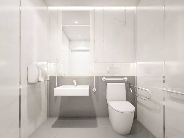 istock Interior of Modern Disabled toilet with marble tiles wall , 3d rendering 1010427952