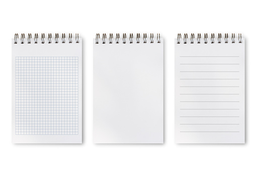Notebook or notepad set, blank, lines and square isolated on white background, include clipping path. Set of difference types of notepad