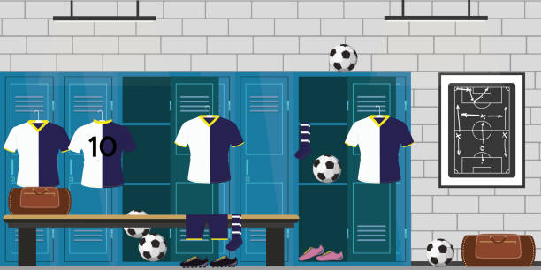 dressing room football,lockers,soccer clothes and balls, dressing room football,lockers,soccer uniform and balls,open and closed lockers,flat vector illustration football locker room stock illustrations