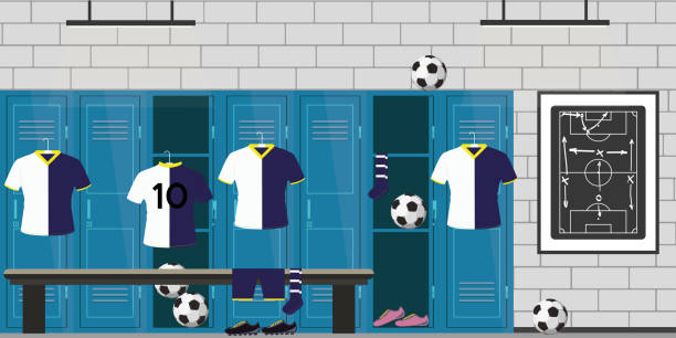 dressing room football,lockers,soccer clothes and balls, dressing room football,lockers,soccer uniform and balls,open and closed lockers,flat vector illustration football locker room stock illustrations