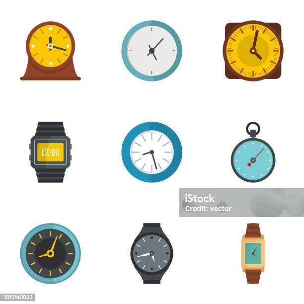 Synchronization Icons Set Flat Style Stock Illustration - Download Image Now - Illustration, The Past, Wristwatch