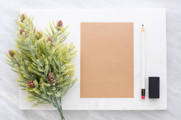 istock Top view of pencil, eraser,fir leaf and brown  notepad on white marble block and stack on grey marble table.Flat lay Mock up template for adding or display text or design.Stationery item. 1010464158