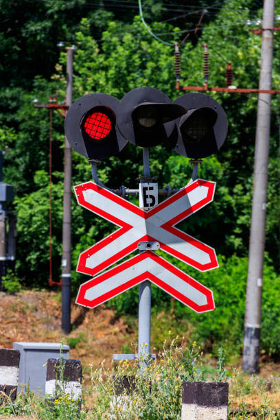 istock Railroad crossing sign with blinking red lights of semaphore 1010464688