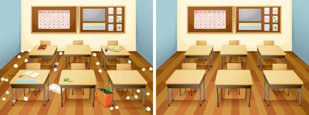 A classroom before and after clean A classroom before and after clean illustration messy vs clean desk stock illustrations