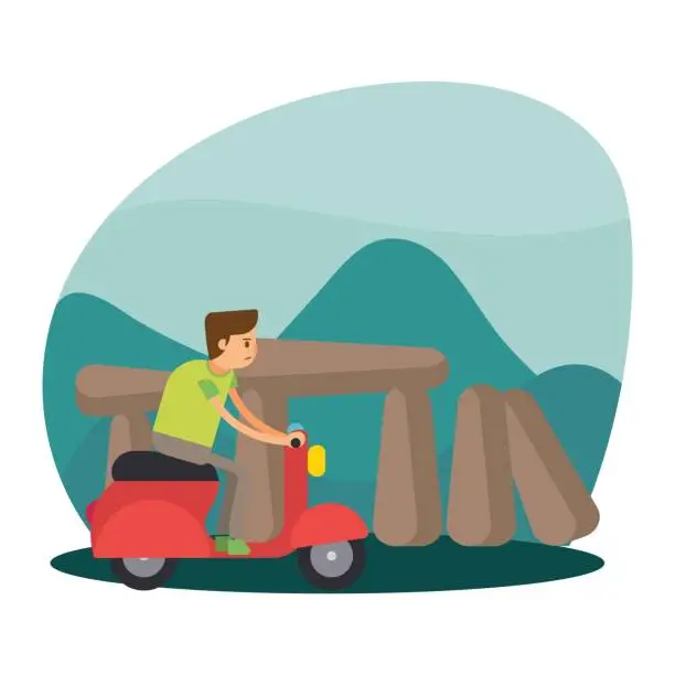 Vector illustration of funny cute traveler guy, vacation and holiday in wiltshire stonehenge england with ride scooter, cartoon character