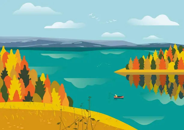 Vector illustration of Autumnal lake landscape