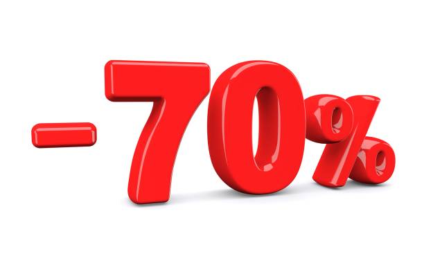 istock 70 percent off discount sign. Red text is isolated on white. 1010477120